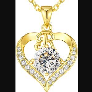 18K Gold Plated Moissanite R Initial Heart Necklace Sterling Silver NWT